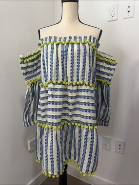Anthropologie Tessora Lime Green and Blue Sydni Printed Pom Pom Mini Dress S